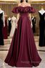 Burgundy Satin Off the Shoulder Puff Sleeve Pleats Prom Dress