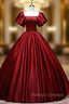 Burgundy Satin Sequins Puff Sleeve Quinceanera Dress