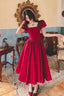 Burgundy Satin Short Prom Dresses With Bow Cute Short Sleeve Prom Dresses
