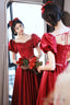 Burgundy Satin Short Sleeve Prom Dresses A-Line Graduation Dresses