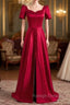 Burgundy Satin Short Sleeve Prom Dress With Split