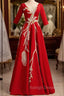 Burgundy Satin Short Sleeve Sequins Appliques Prom Dress