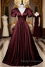 Burgundy Satin Short Sleeve V Neck Prom Dress