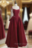 Burgundy Satin Spaghetti Straps Bow Prom Dress