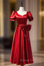 Burgundy Satin Square Puff Sleeve Pearls Bow Prom Dress