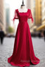 Burgundy Satin Square Short Sleeve Beading Prom Dress
