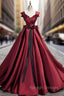 Burgundy Satin Strapls Pleats Prom Dress With Bow