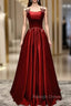 Burgundy Satin Straps Pearls Prom Dress