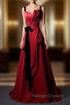 Burgundy Satin Straps Pleats Black Velvet Prom Dress
