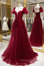 Burgundy Satin Tulle Long Prom Dress, A Line Short Sleeve Prom Prom Dress