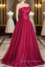 Burgundy Satin Tulle Long Prom Dress, A Line Strapless Prom Dress
