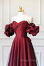 Burgundy Satin Tulle Long Prom Dress, Off Shoulder Prom Prom Dress
