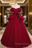 Burgundy Satin Tulle Off the Shoulder Prom Dress