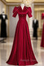 Burgundy Satin V-neck Short Sleeve Pearls Prom Dress