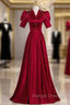Burgundy Satin V Neck Short Sleeve Pearls Prom Dress