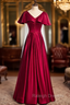 Burgundy Satin V Neck Short Sleeve Prom Dress