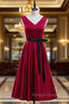Burgundy Satin V-neck Tea Length Prom Dress With Sash
