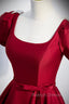 Burgundy Scoop Neckline Satin Long Prom Dress, Short Sleeve Prom Dress