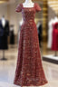 Burgundy Sequins Square Short Sleeve Prom Dress