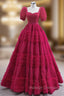 Burgundy Square Puff Sleeve Prom Dress