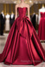 Burgundy Strapless Satin Bow Prom Dress