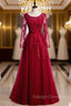 Burgundy Tulle Appliques Long Sleeve Prom Dress