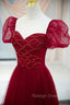 Burgundy Tulle Beaded Long Prom Dress, A Line Short Sleeve Prom Dress