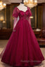 Burgundy Tulle Beaded Long Sleeve Prom Dress, A Line Prom Graduation Dress