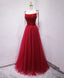 Burgundy tulle beads long prom dress, burgundy tulle formal dress