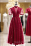 Burgundy Tulle High Neck Short Sleeve Prom Dress