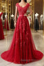 Burgundy tulle lace applique long prom dress, burgundy evening dress