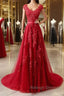 Burgundy tulle lace applique long prom Dresses burgundy Prom Dresses