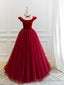 Burgundy tulle lace long prom dress, burgundy tulle evening dress