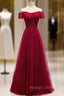 Burgundy Tulle Lace Off the Shoulder Prom Dress With Button
