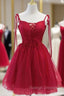 Burgundy Tulle Lace Spaghetti Straps Beading Homecoming Dress