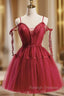 Burgundy Tulle Lace Spaghetti Straps Homecoming Dress