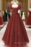 Burgundy Tulle Long A-Line Prom Dress, Cute Short Sleeve Evening Dress