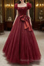 Burgundy Tulle Long A Line Prom Dress, Lovely Prom Graduation Dress