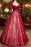 Burgundy Tulle Long Prom Dress with Sequins, A Line Short Sleeve Prom Dress