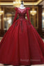 Burgundy Tulle Long Sleeve Beading Quinceanera Dress