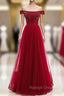 Burgundy Tulle Off the Shoulder Beading Prom Dress