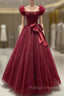 Burgundy Tulle Pleats Prom Dress