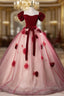 Burgundy Tulle Puff Sleeve Off the Shoulder Quinceanera Dress