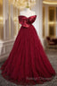 Burgundy Tulle Satin Off the Shoulder Prom Dress