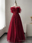 Burgundy Tulle Sequin Long Prom Dress, Burgundy Evening Dress