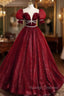 Burgundy Tulle Sequin Long Prom Dress, Burgundy Formal Evening Dresses