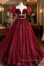 Burgundy Tulle Sequin Long Prom Dress, Burgundy Formal Prom Dresses