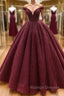 Burgundy tulle sequin long prom Dresses burgundy long Prom Dresses