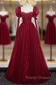 Burgundy Tulle Sequins Puff Sleeve Beading Prom Dress