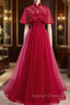 Burgundy Tulle Sequins Strapless Prom Dress With Shawl